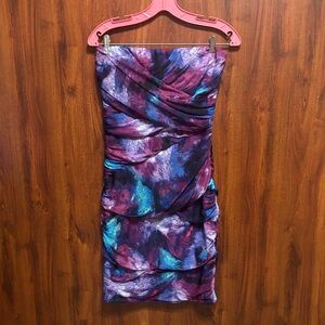 Guess Strapless Watercolor Print Cocktail Dress in Purple and Teal